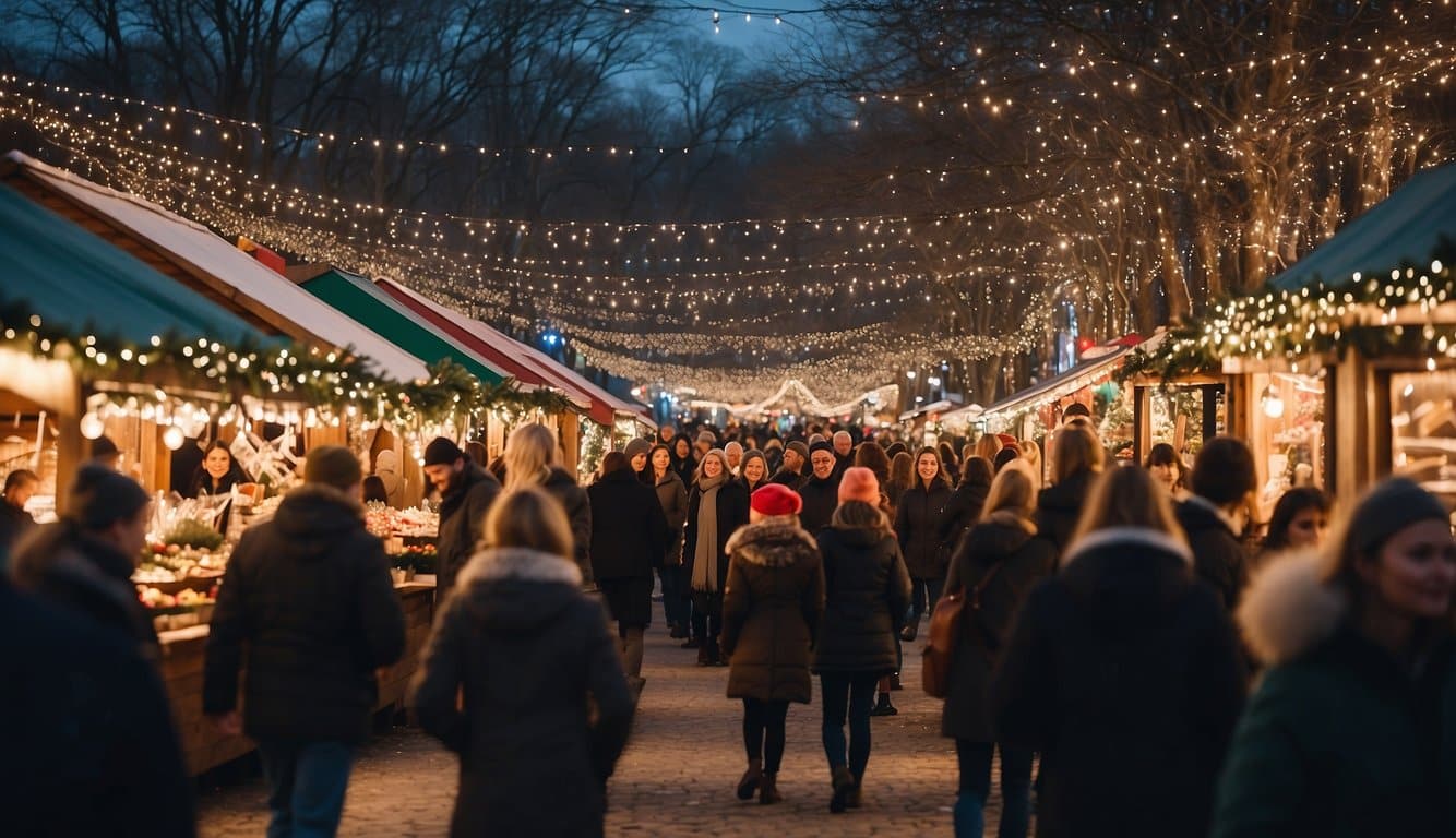 A bustling Christmas market with twinkling lights, festive stalls, and cheerful crowds in Milford Green, Connecticut