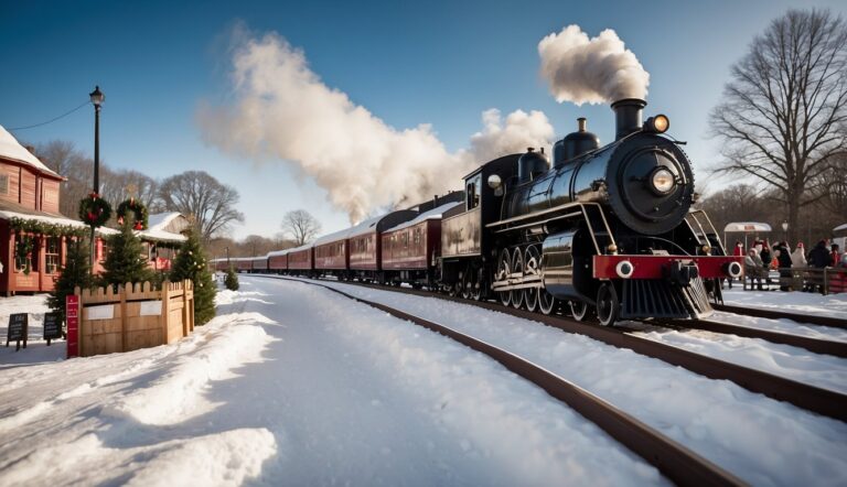 A steam locomotive pulls a train through a snowy landscape, passing by a station with decorations in the background.