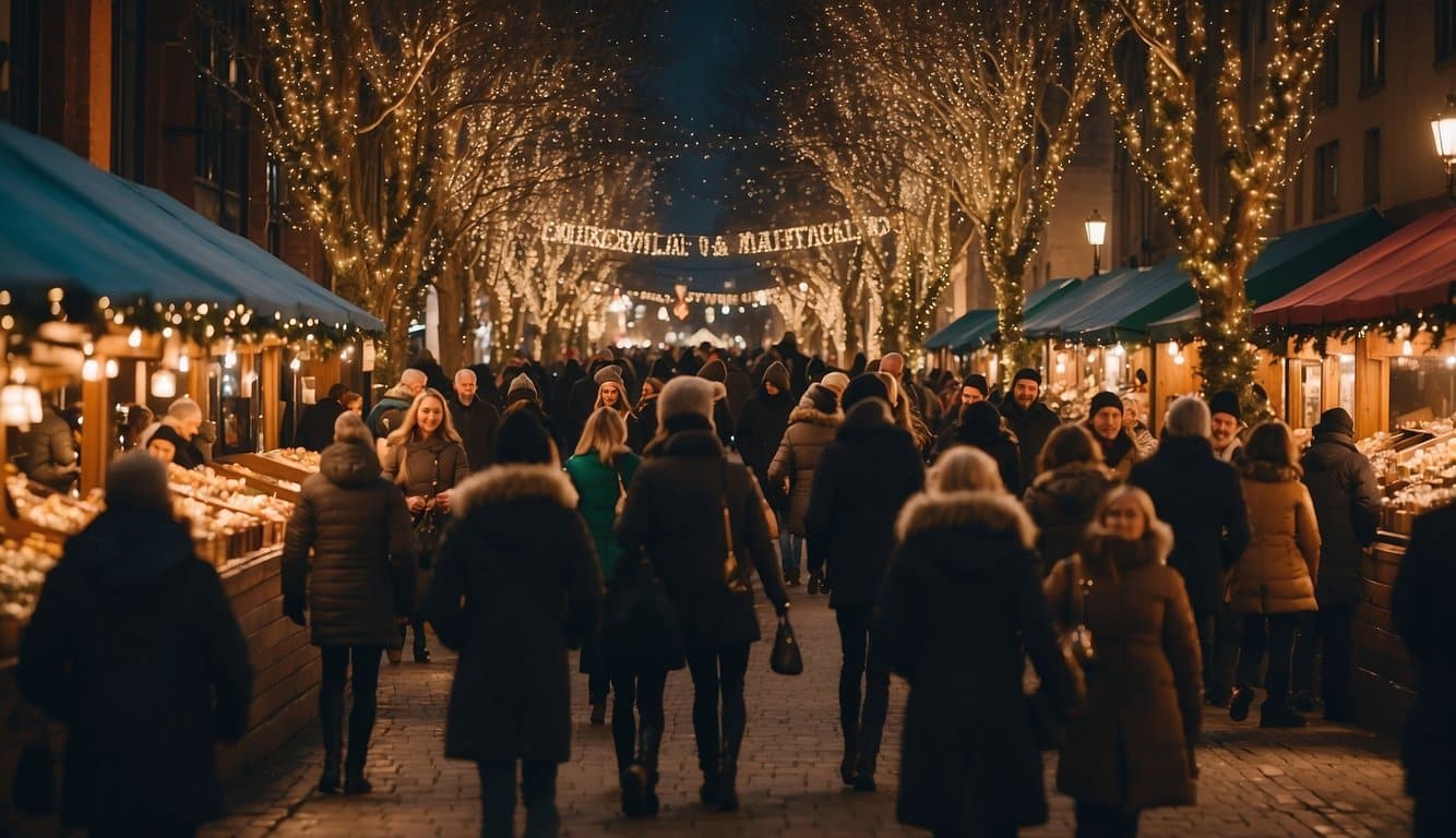 A bustling Christmas market in the Midwest, with colorful stalls, twinkling lights, and festive decorations, surrounded by joyful shoppers and the scent of mulled wine and roasted chestnuts