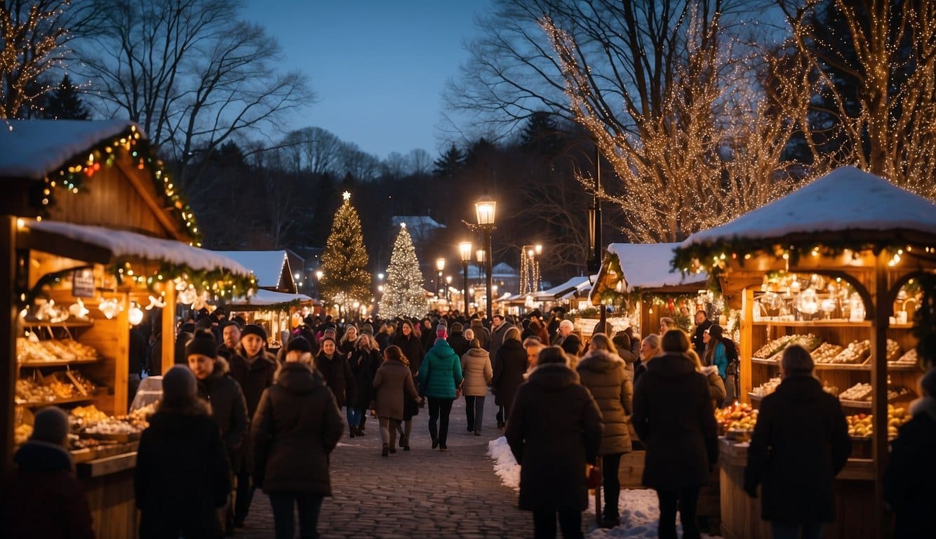 Vibrant Christmas market with twinkling lights, festive stalls, and joyful carolers in Simsbury, Connecticut 2024