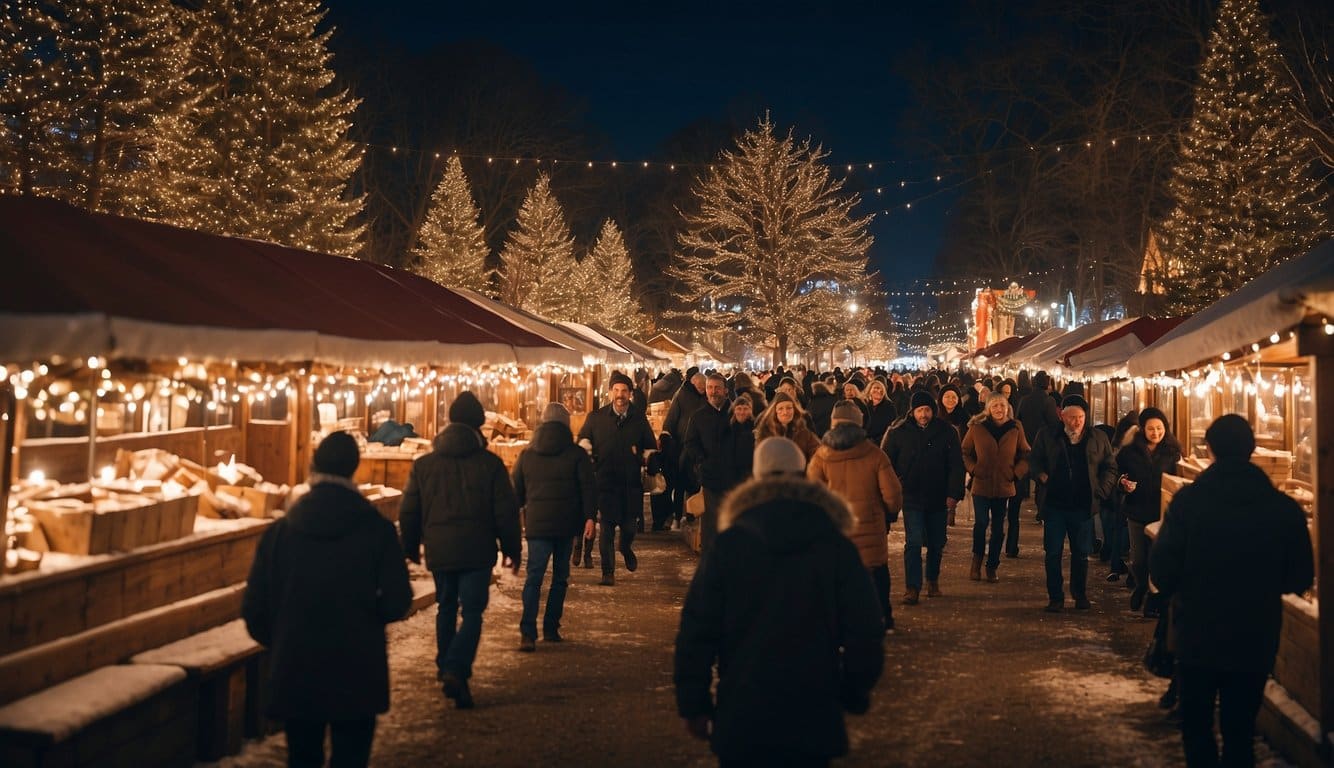 The Christkindlmarkt at Holy Trinity Greek Orthodox Church is bustling with festive stalls, twinkling lights, and joyful visitors enjoying the holiday spirit in Bridgeport, Connecticut