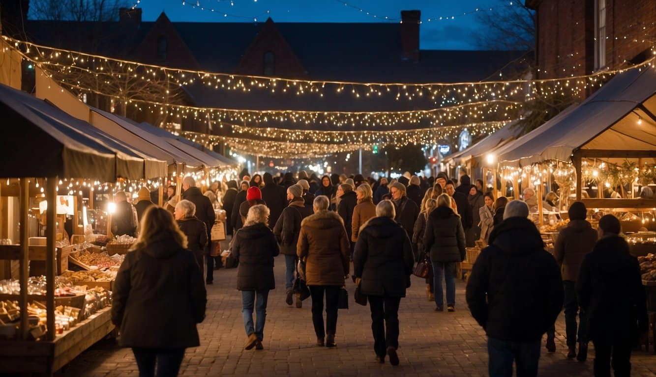 The Heirloom Market at Comstock Ferre is bustling with festive activity, as vendors display their wares under twinkling Christmas lights. The air is filled with the scent of pine and cinnamon, and shoppers browse through an array of unique gifts and