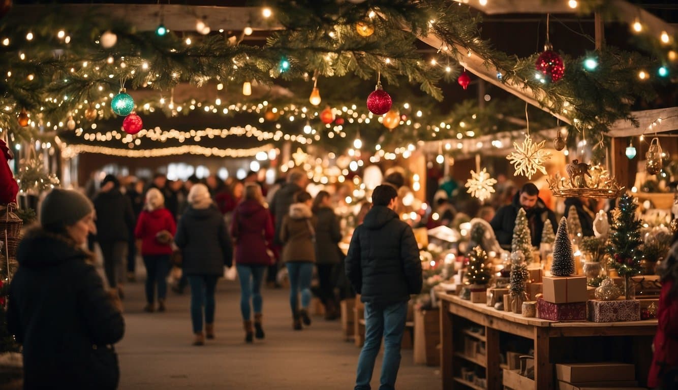 The Holiday Bazaar at Conway Craft Guild features festive stalls, twinkling lights, and a bustling crowd. Vendors display handmade ornaments, wreaths, and other seasonal crafts. A jovial atmosphere fills the air