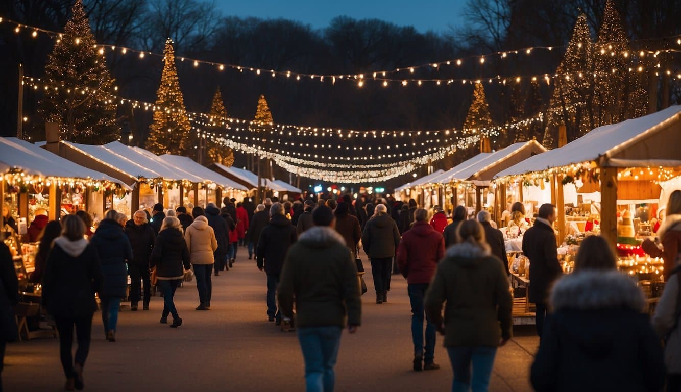 Crowds browse festive stalls amid twinkling lights at the Arkansas Christmas Markets 2024. Vendors sell handmade crafts, seasonal treats, and holiday decorations, creating a lively and colorful atmosphere