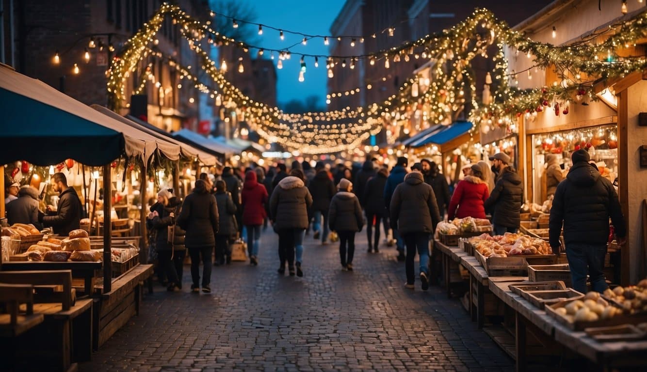 The Bentonville Christmas Craft Market bustles with vendors and shoppers amid festive decorations and twinkling lights, creating a cozy and cheerful atmosphere