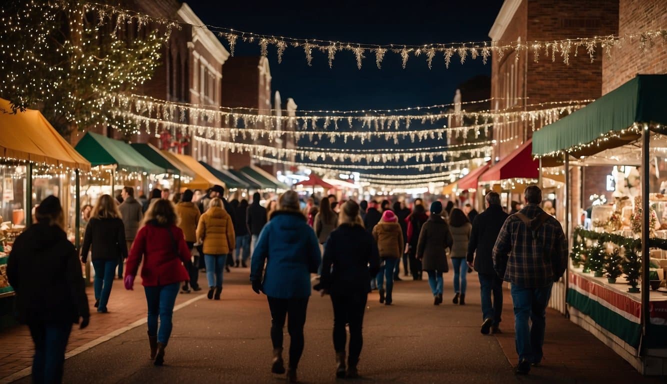 Colorful stalls line Main Street, adorned with twinkling lights and festive decorations. Crowds bustle through the Holiday Fair, browsing Christmas markets in Searcy, Arkansas 2024