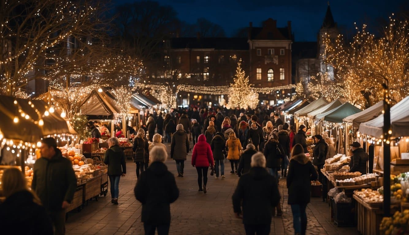 The market is bustling with festive activity, adorned with twinkling lights and colorful decorations. Vendors display an array of holiday goods while visitors enjoy live music and seasonal treats