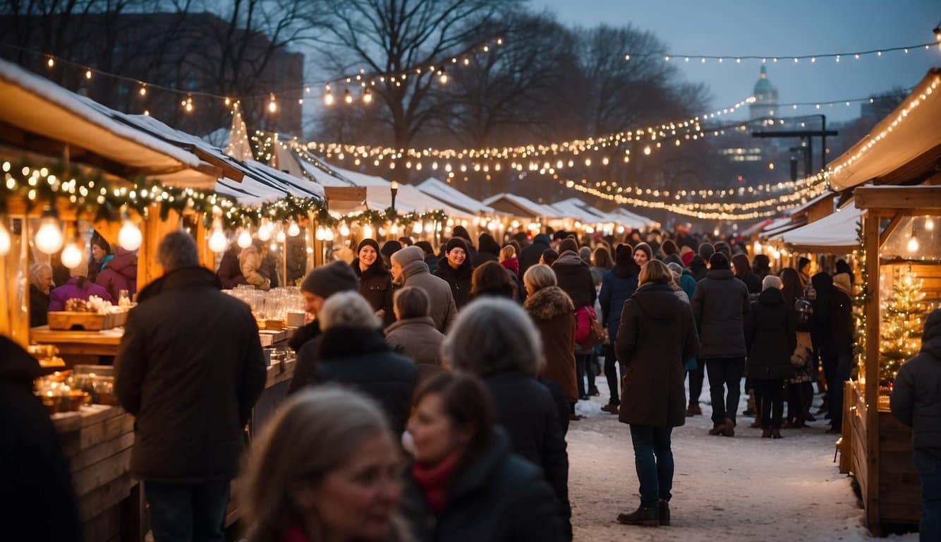 Crowds browse festive stalls at the Downtown Holiday Market, Des Moines, Iowa. Lights twinkle, and the aroma of hot cocoa fills the air