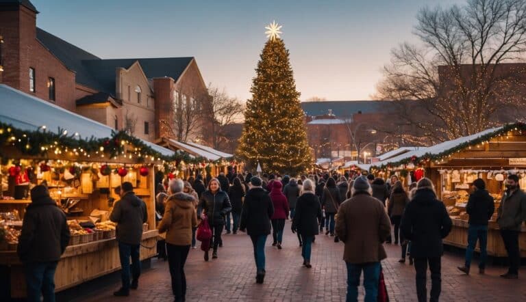 A bustling holiday market with people walking between decorated stalls, featuring a large illuminated Christmas tree in the center, set against a backdrop of buildings at dusk.