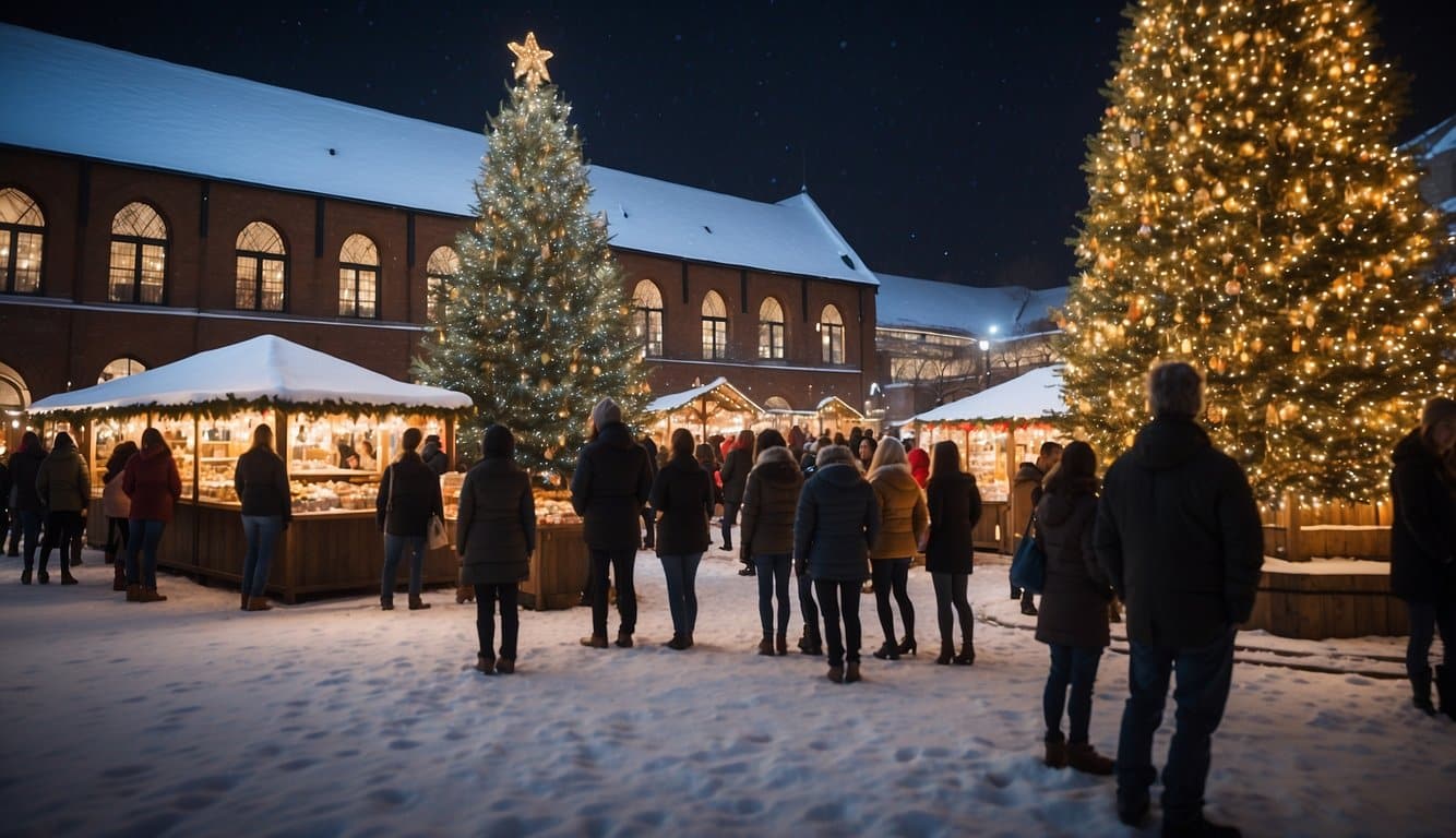 Snow-covered market stalls line the museum's courtyard, twinkling with festive lights. A towering Christmas tree stands in the center, surrounded by families enjoying holiday treats and shopping for unique gifts