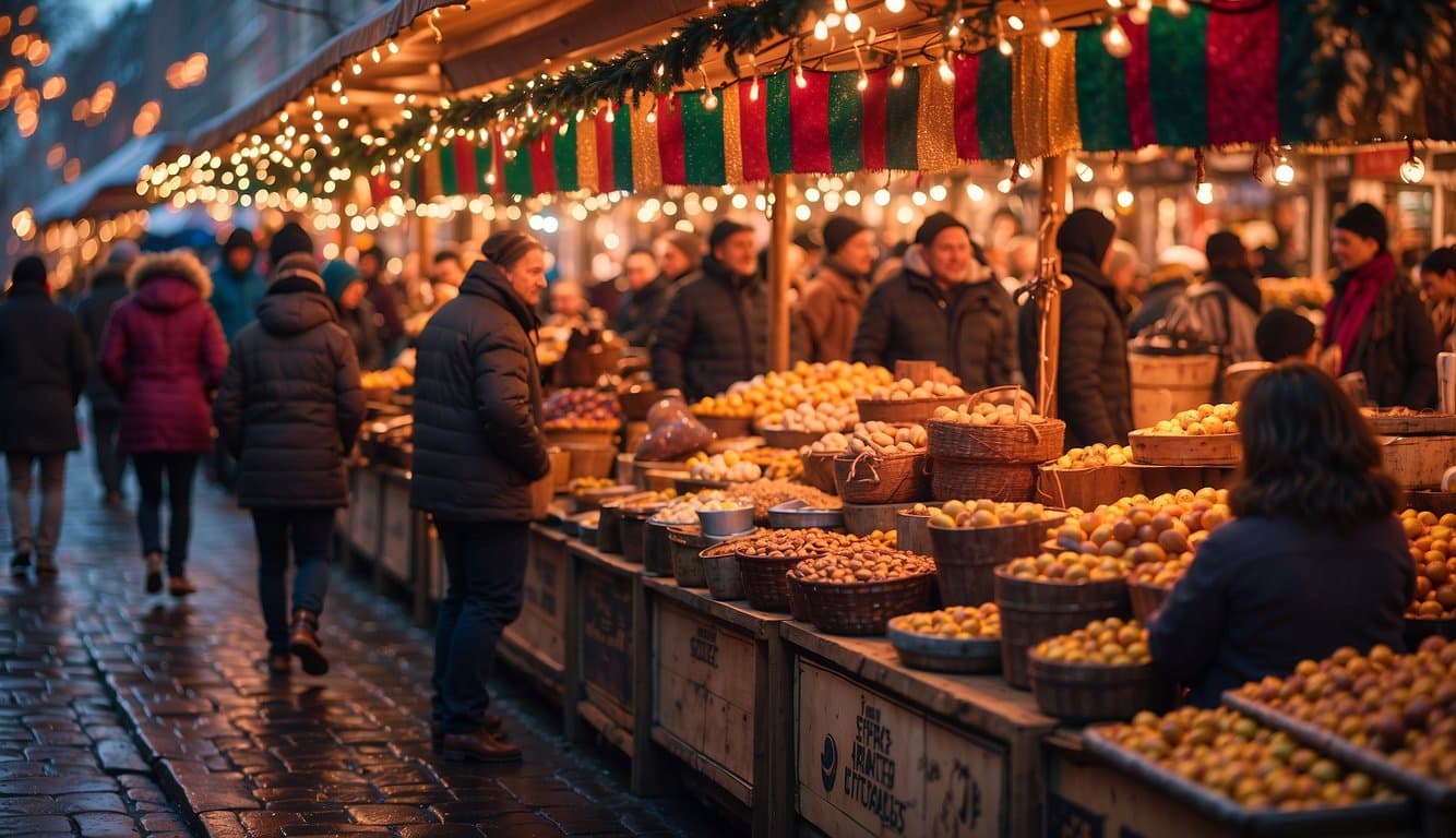 Colorful stalls line the streets, adorned with twinkling lights and festive decorations. The air is filled with the aroma of spiced cider and roasted nuts, and joyful music fills the air