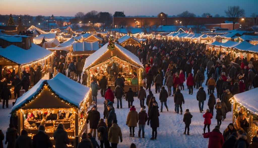 A crowded outdoor holiday market at dusk with numerous snow-covered stalls adorned with lights, surrounded by people bundled in winter clothing.