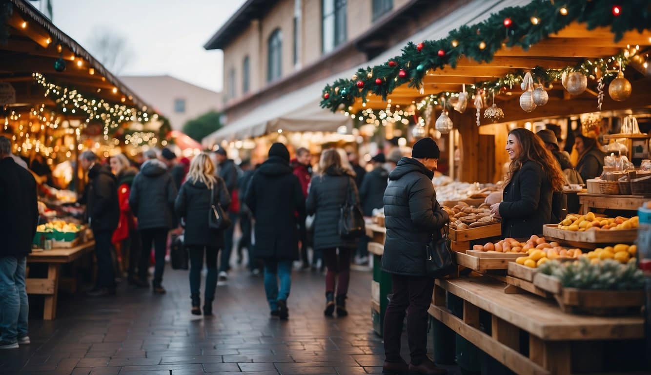 A bustling Christmas market in California, with colorful stalls, twinkling lights, and festive decorations. Visitors browse through various vendors, sampling holiday treats and admiring handcrafted gifts