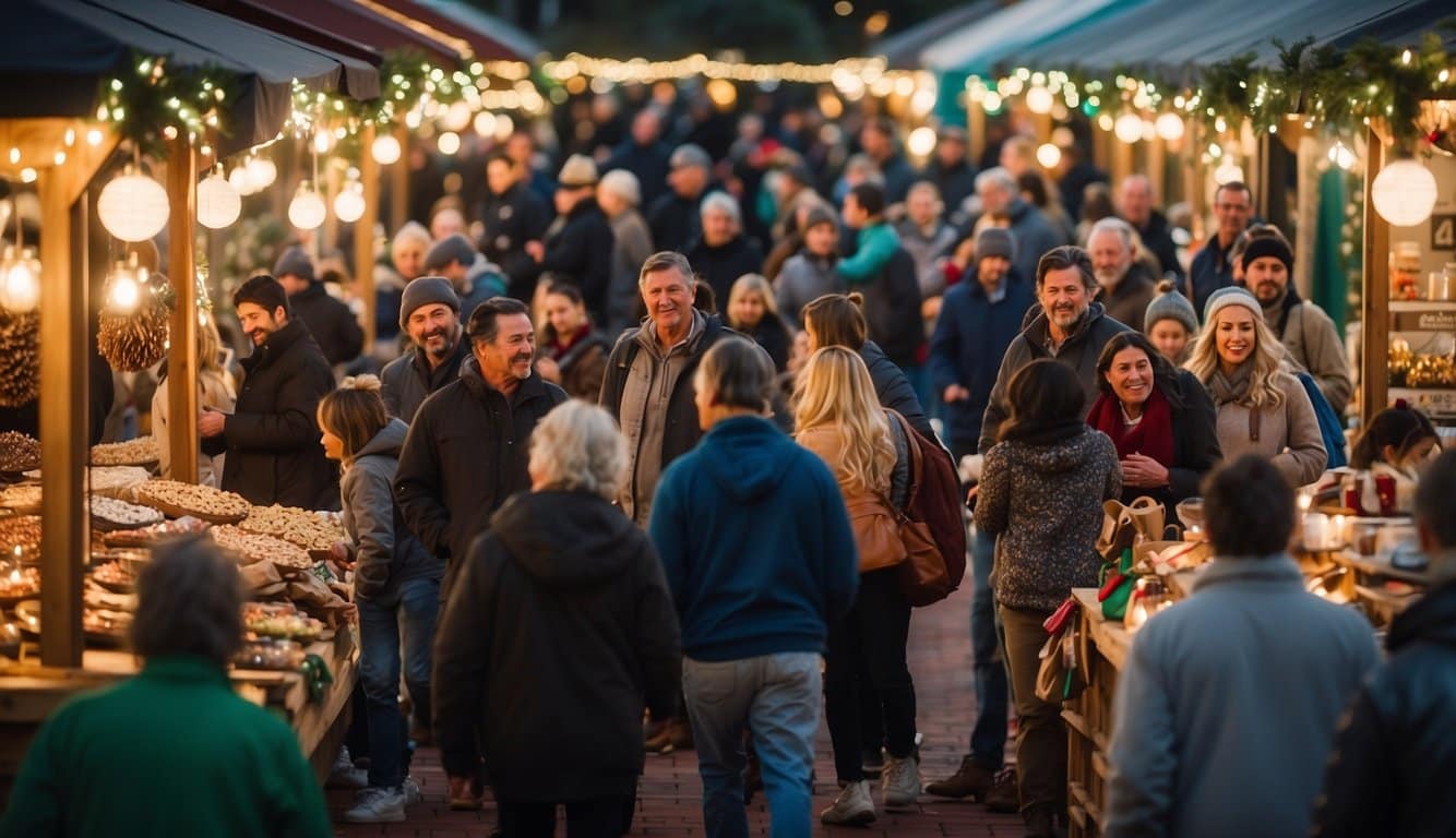 The Hilton Head Island Holiday Market bustles with festive activity, as vendors sell handmade crafts and holiday treats under twinkling lights