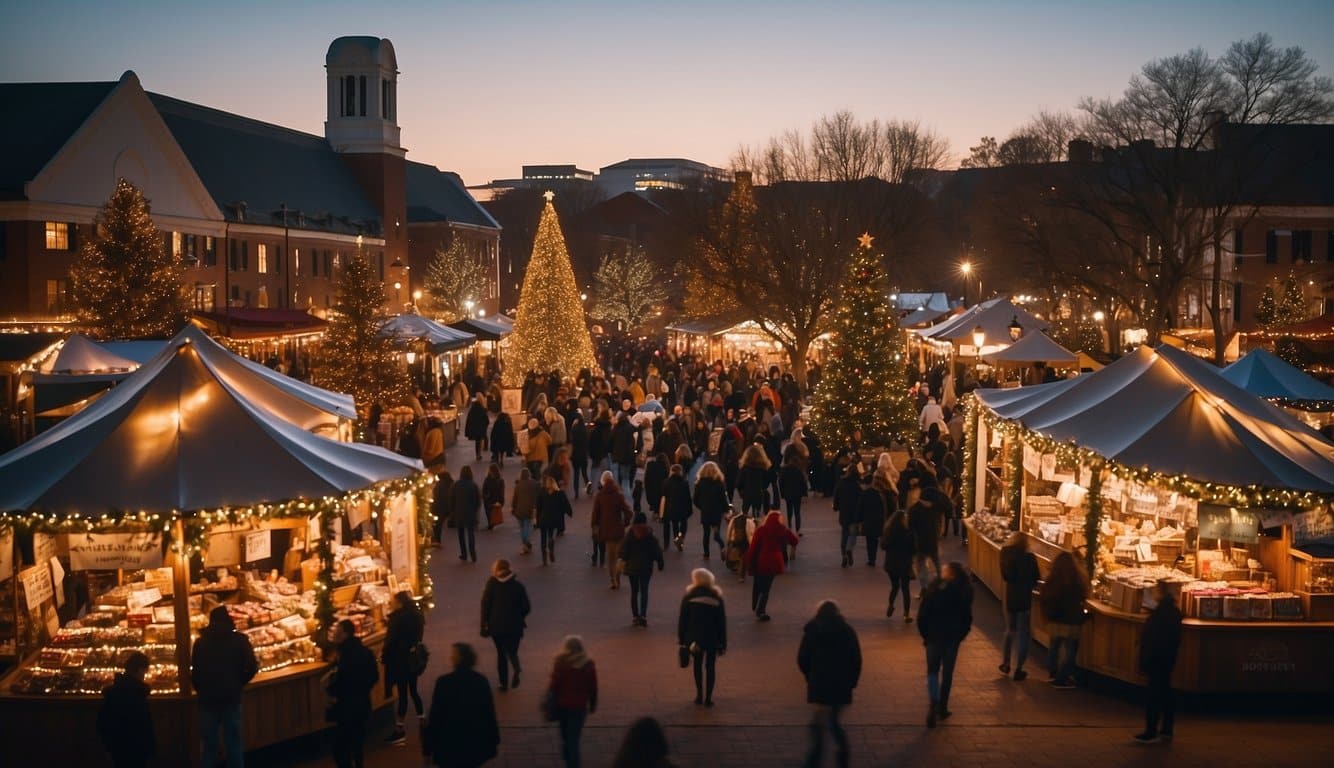 A bustling Christmas market in Columbia, South Carolina, with twinkling lights, festive decorations, and merry shoppers browsing through stalls filled with holiday gifts and treats