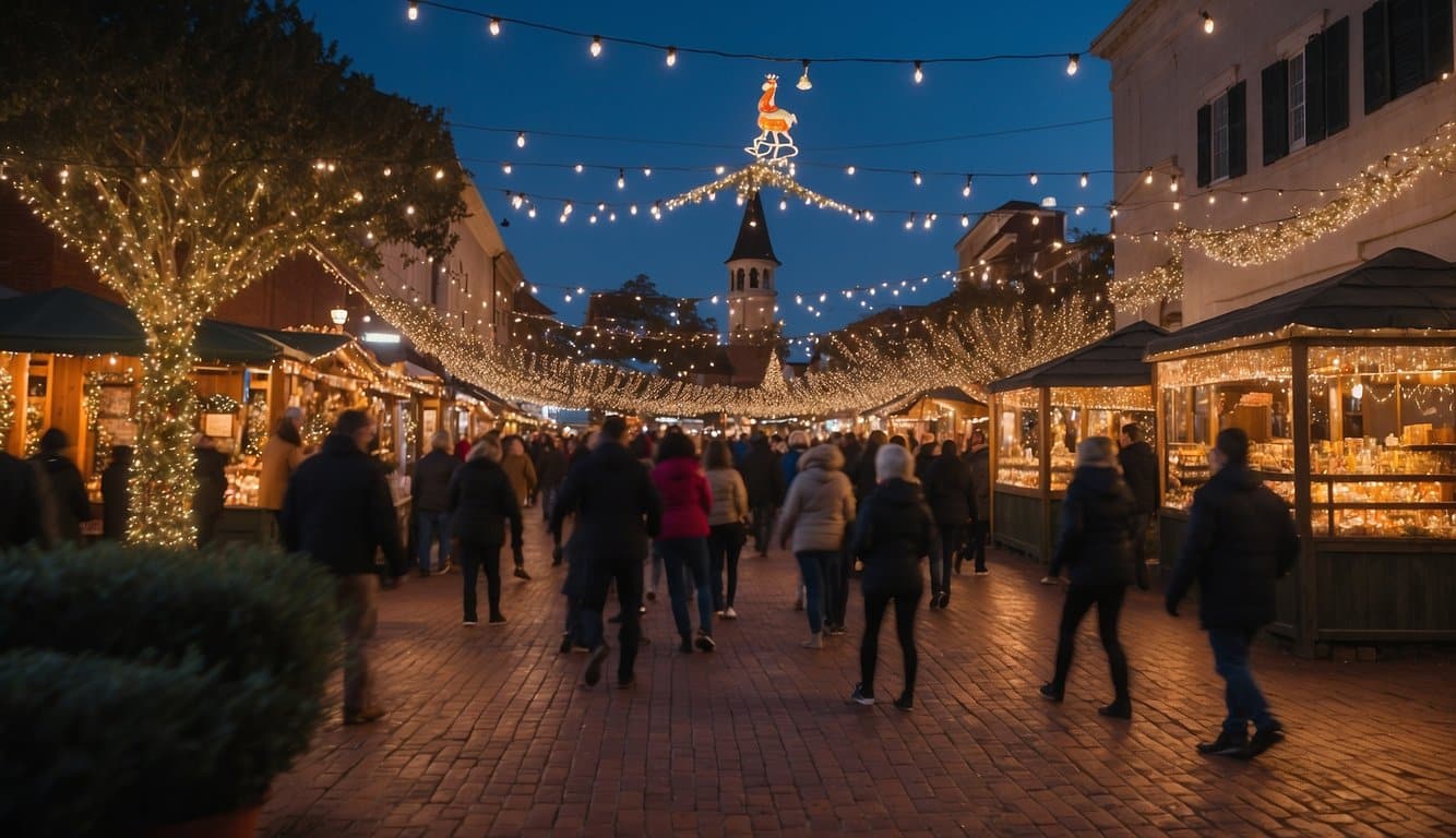 The Charleston Holiday Market bustles with festive activity, as vendors sell handmade ornaments, warm cider fills the air with a spicy aroma, and twinkling lights create a magical atmosphere