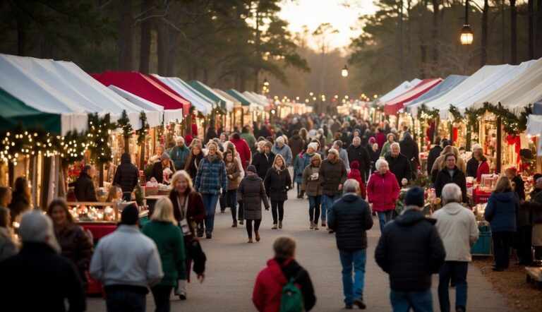 People walk through a festive outdoor market with numerous booths adorned with holiday decorations and lights.