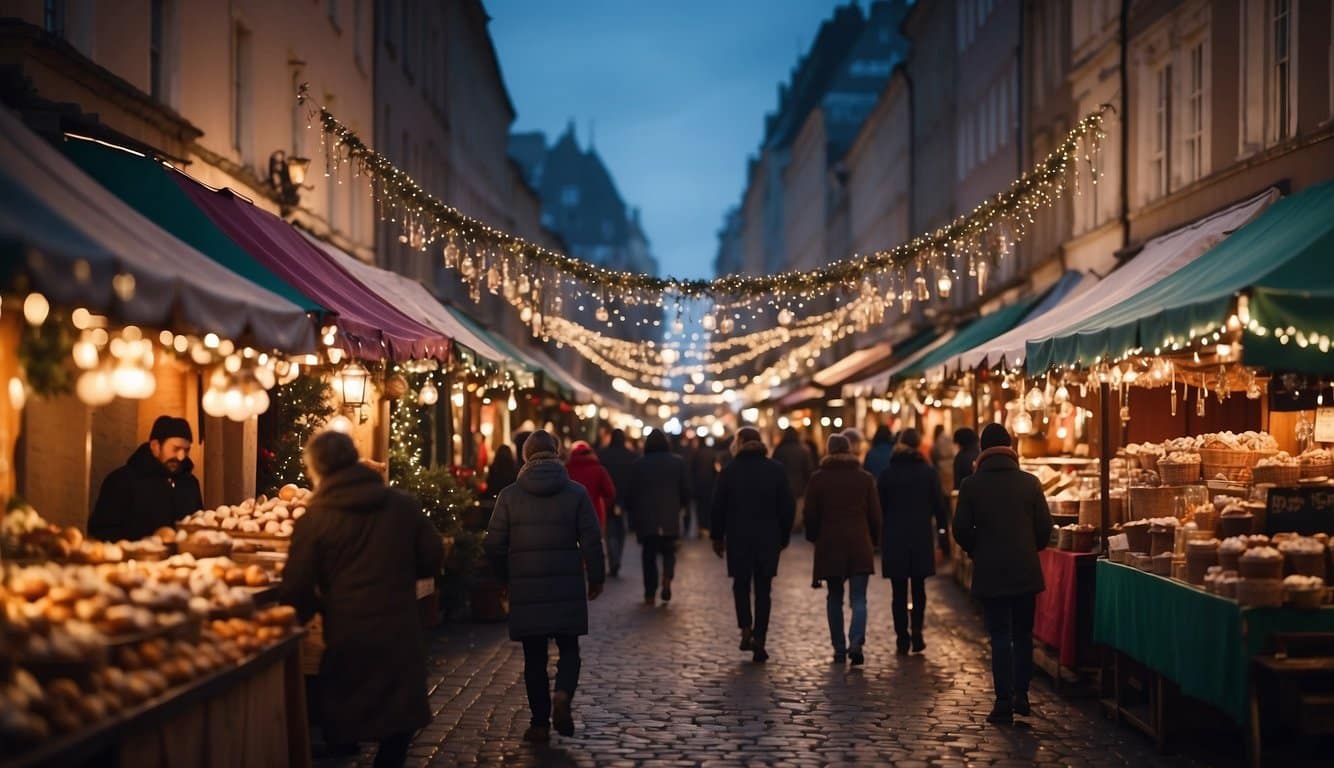 Colorful stalls line the streets, adorned with twinkling lights and festive decorations. The air is filled with the aroma of hot cocoa and roasted chestnuts, as visitors browse through handmade crafts and sample delicious holiday treats