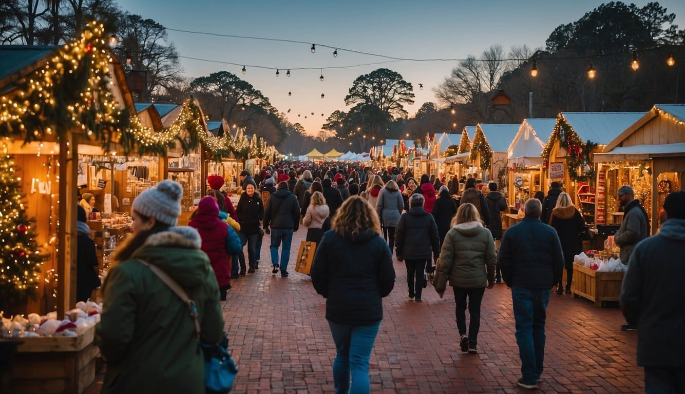 The North Charleston Holiday Market bustles with festive activity, as vendors sell handmade crafts and holiday treats. Visitors stroll through rows of twinkling lights and decorations, soaking in the cheerful atmosphere of the South Carolina Christmas market in 2024