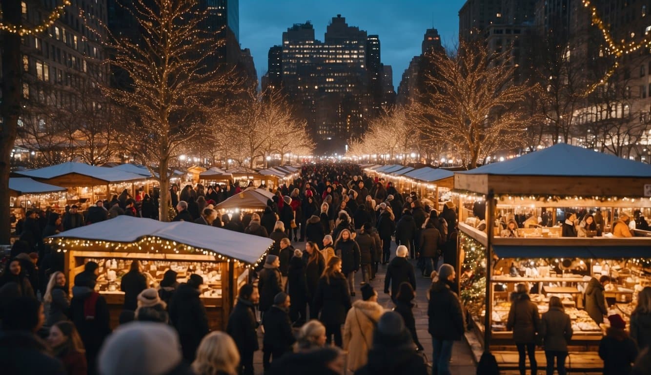 Crowded market stalls, twinkling lights, festive decorations, and bustling shoppers at Union Square Holiday Market, NYC