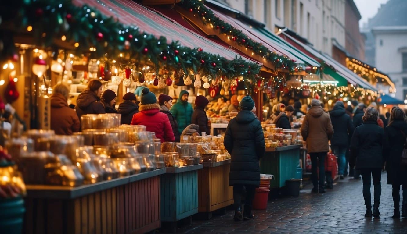 Colorful stalls line the streets, adorned with twinkling lights and festive decorations. Visitors browse through a variety of holiday goods, while the scent of hot cocoa and seasonal treats fills the air