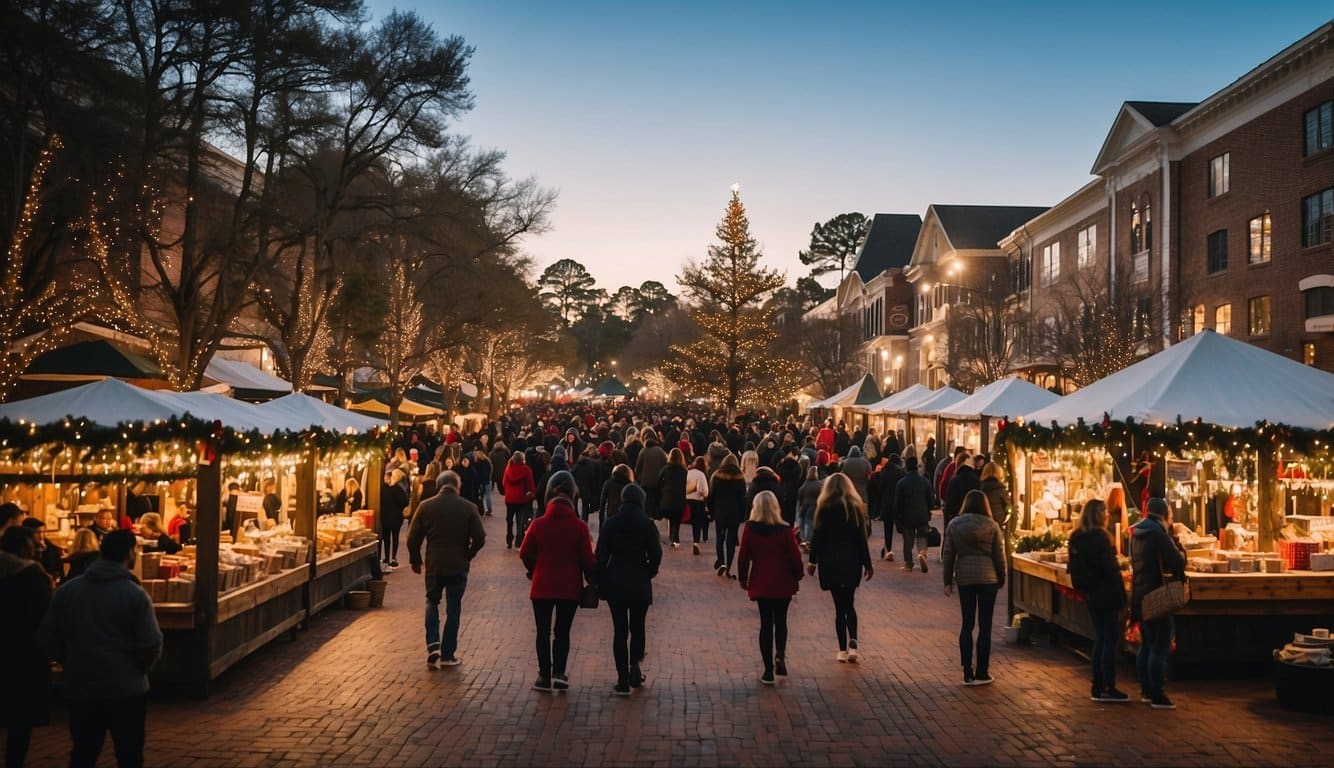 The bustling North Augusta Holiday Market features festive stalls, twinkling lights, and joyful carolers in South Carolina's 2024 Christmas market