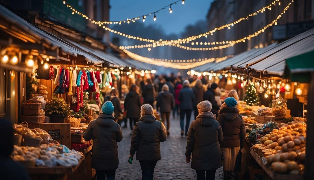 Colorful stalls line the bustling market, adorned with twinkling lights and festive decorations. Visitors browse handcrafted gifts and sample seasonal treats, creating a joyful holiday atmosphere