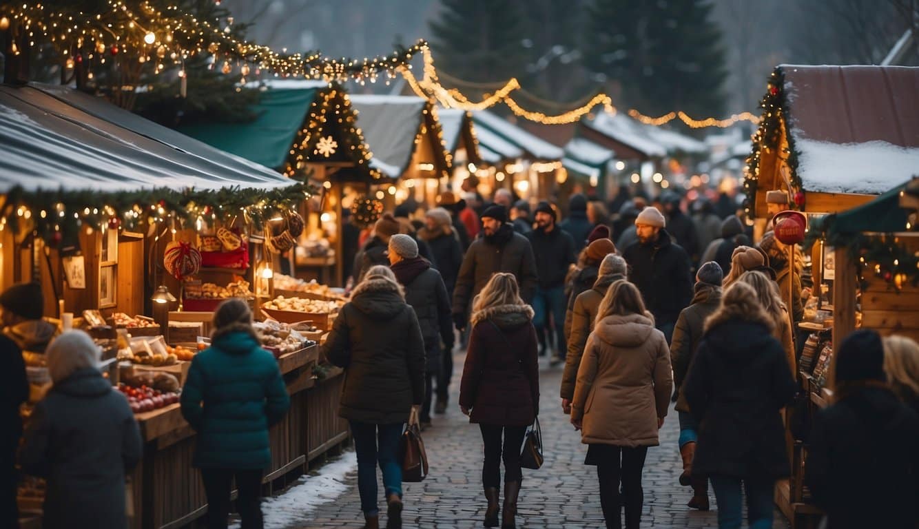 A bustling Christmas market in Asheville, North Carolina, with colorful stalls, twinkling lights, and joyful patrons browsing handmade crafts and festive treats