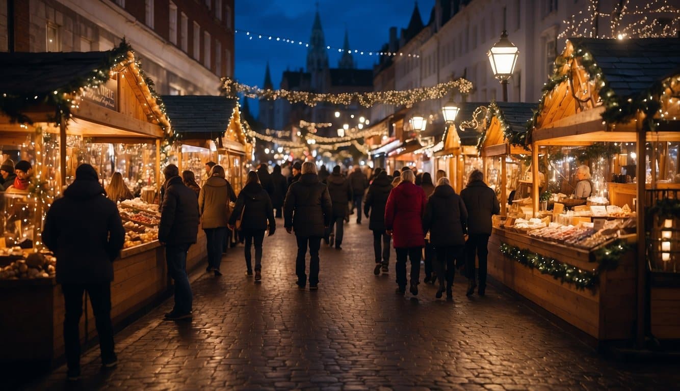 Colorful stalls line the streets, adorned with twinkling lights and festive decorations. Visitors browse through a variety of handcrafted goods and holiday treats, while the sound of carolers fills the air