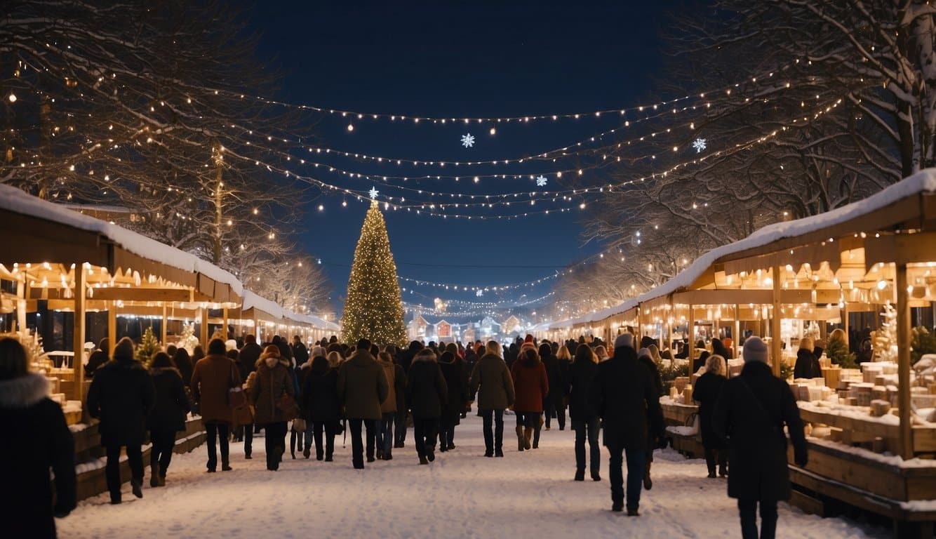 Snow-covered market booths line the streets, adorned with twinkling lights and festive decorations. A giant Christmas tree stands in the center, surrounded by joyful shoppers and the sounds of holiday music