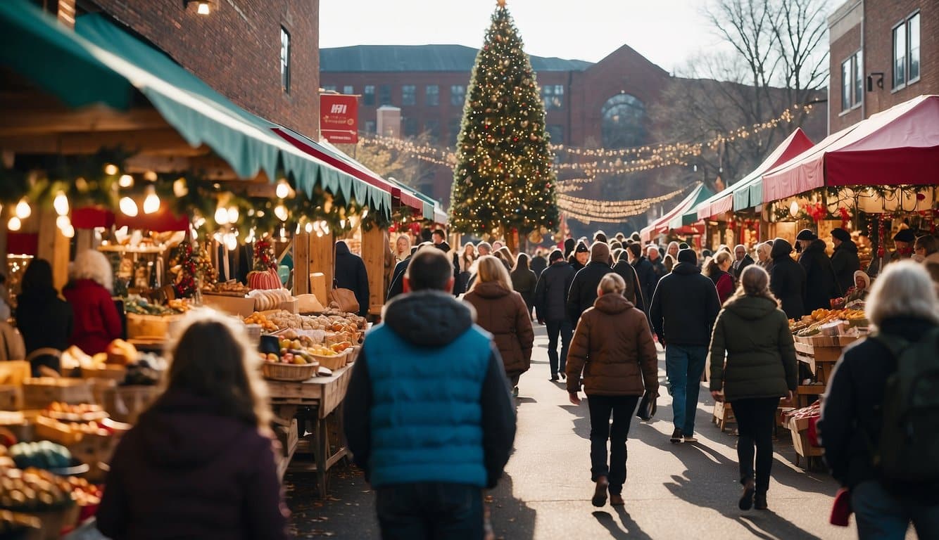 A bustling Christmas fair in Winston-Salem, North Carolina, with colorful market stalls and festive decorations in 2024