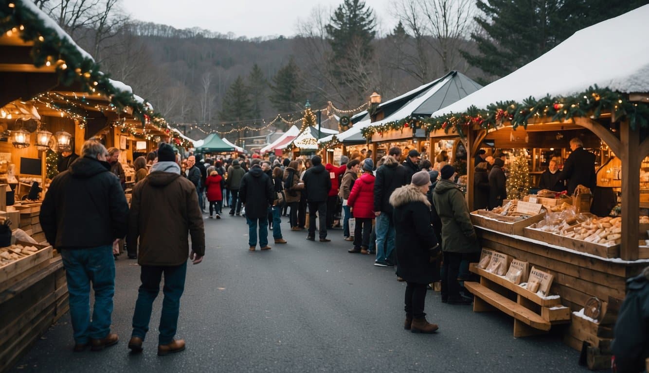 The Fayetteville Christmas Fair bustles with vendors and shoppers. Colorful stalls are adorned with twinkling lights and festive decorations. A giant Christmas tree stands in the center, surrounded by joyful families. Meanwhile, holiday music fills the air