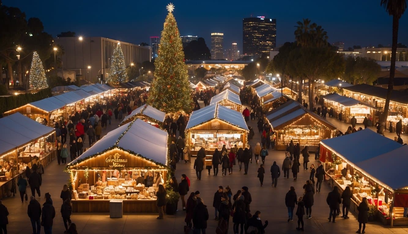 Crowds browse festive stalls at the Los Angeles Christmas Market, surrounded by twinkling lights and fragrant evergreen wreaths