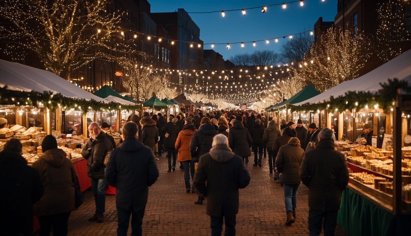 A festive market with twinkling lights, colorful stalls, and bustling crowds. Snowflakes drift down, adding to the magical atmosphere