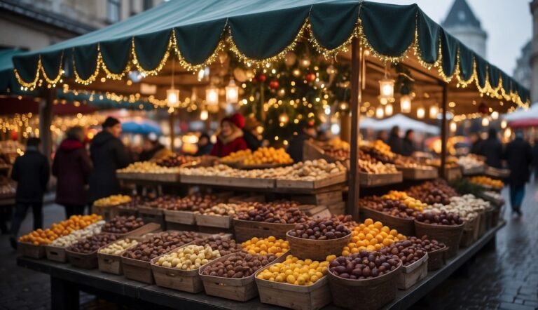 A festive market stall with a green canopy displays various colorful candies in wooden crates and baskets, lit by string lights and lanterns. People browse in the background.