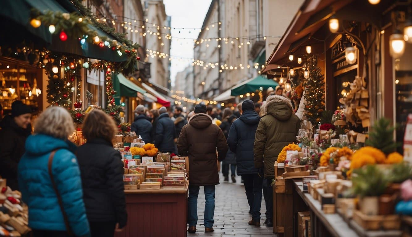 Colorful booths line the streets, filled with handmade crafts and festive decorations. Shoppers browse through the array of gifts while holiday music fills the air