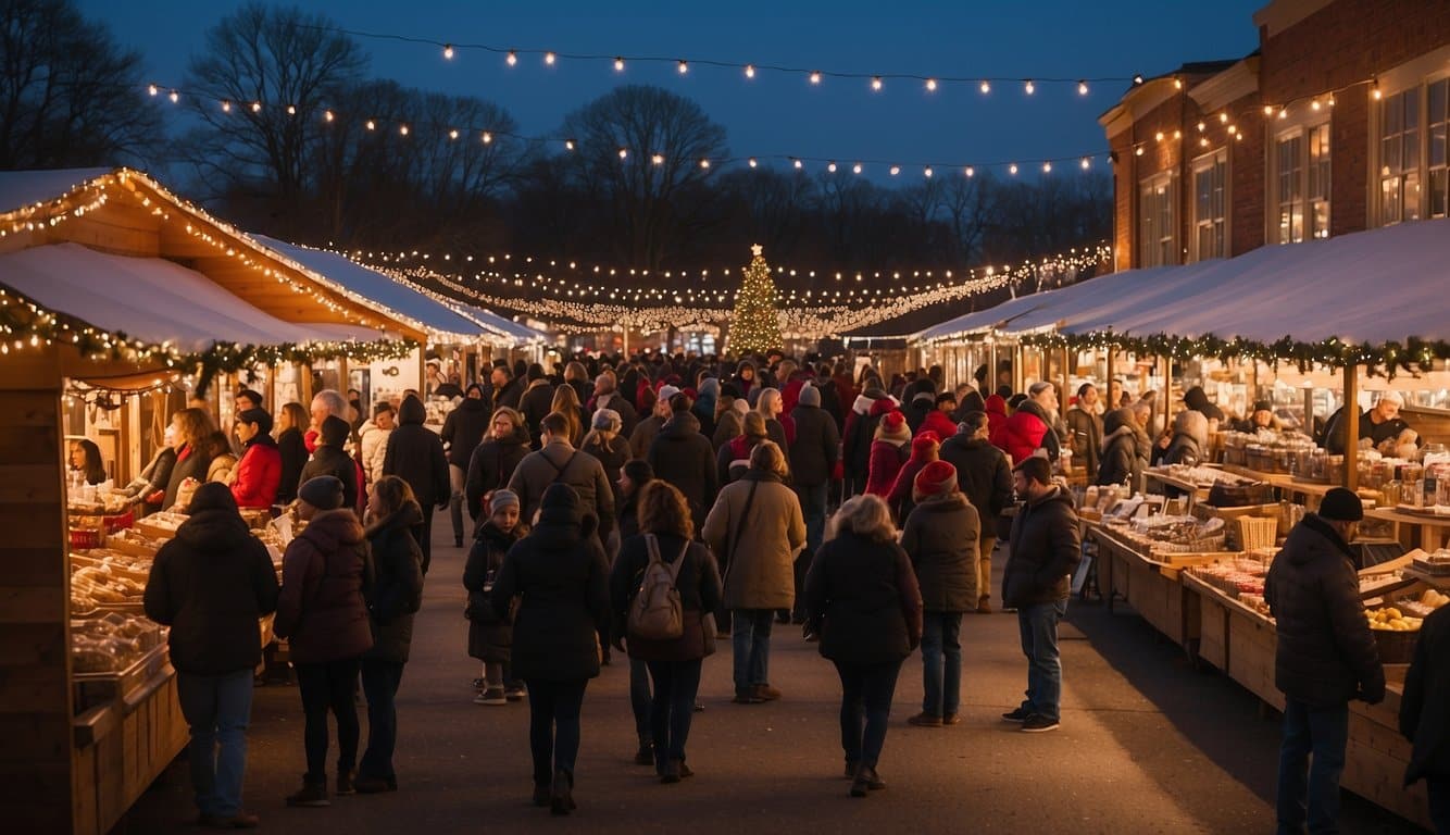 Crowds browse festive stalls at Martinsville Candy Kitchen Christmas Markets, Indiana 2024. Vendors sell seasonal treats and handmade gifts amid twinkling lights