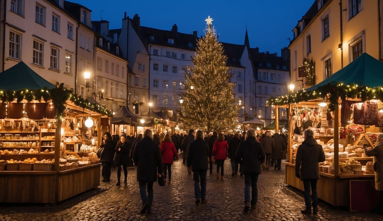 Colorful stalls line the cobblestone streets, adorned with twinkling lights and festive decorations. The air is filled with the aroma of mulled wine and roasted chestnuts, as visitors browse the unique handmade gifts and enjoy live holiday music