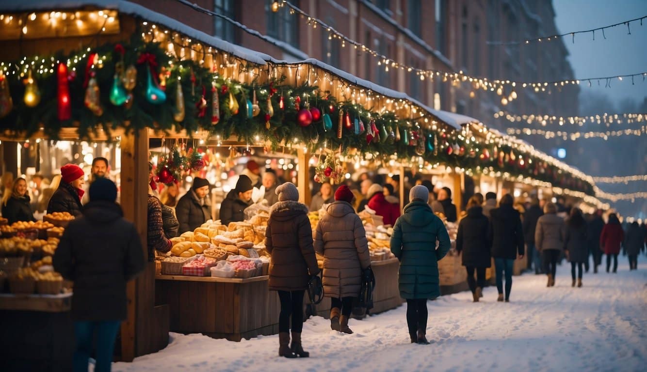 Colorful stalls line the snowy streets, adorned with twinkling lights and festive decorations. A giant Christmas tree stands at the center, surrounded by joyful families and the aroma of holiday treats