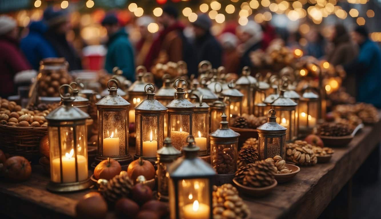 The Kris Kringle Market bustles with festive activity, adorned with twinkling lights and colorful decorations. Stalls overflow with handcrafted gifts, and the scent of spiced cider and roasted nuts fills the air