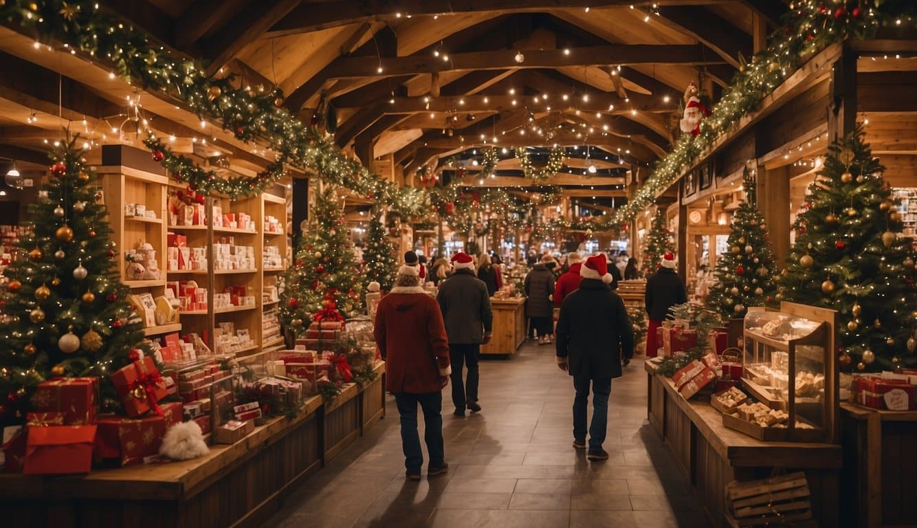 A festive Christmas store at the Indiana Christmas Markets in 2024. Santa Claus-themed decorations and merchandise fill the shelves, creating a cheerful and merry atmosphere