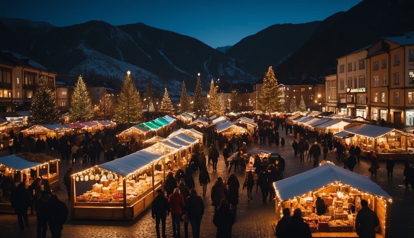 The Mountain View Christmas Market bustles with festive activity, adorned with twinkling lights and colorful stalls selling handmade crafts and delicious treats