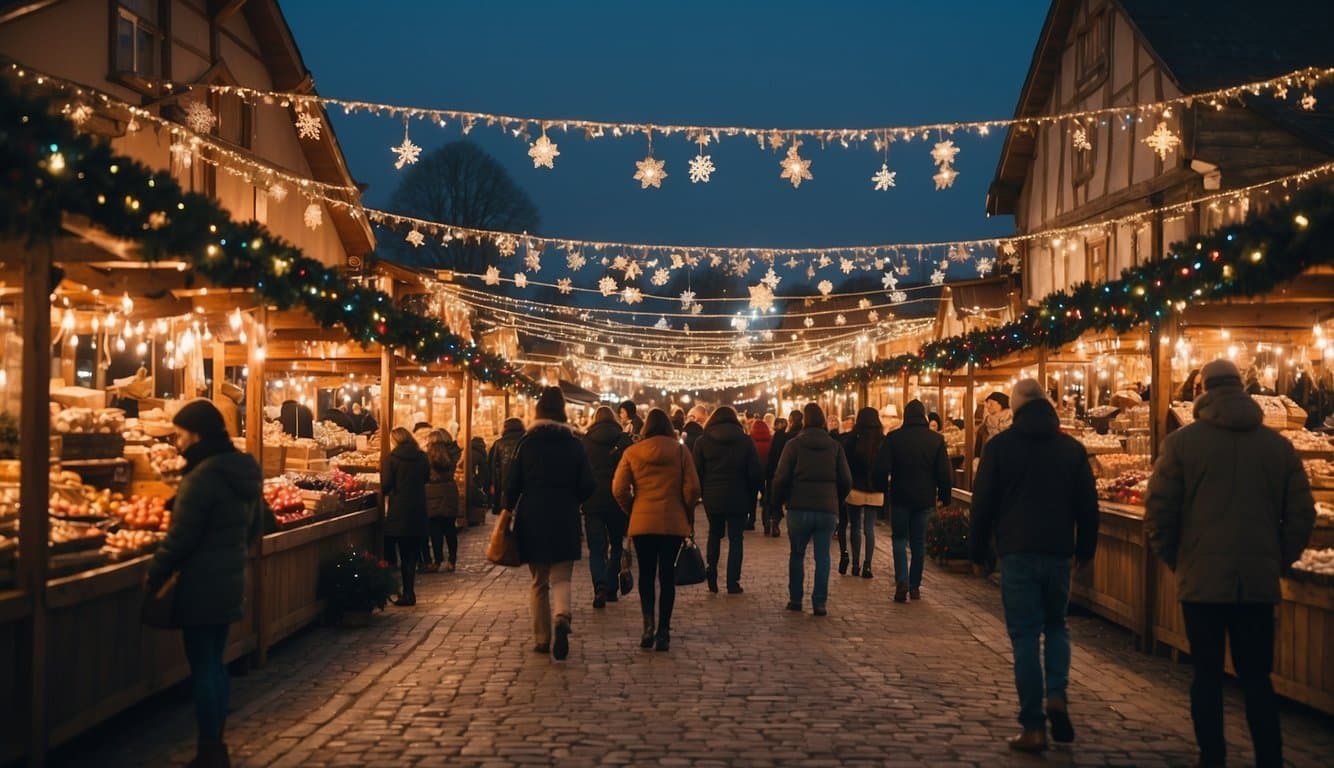 A bustling European Christmas market in Indiana, 2024, with colorful stalls, twinkling lights, and festive decorations