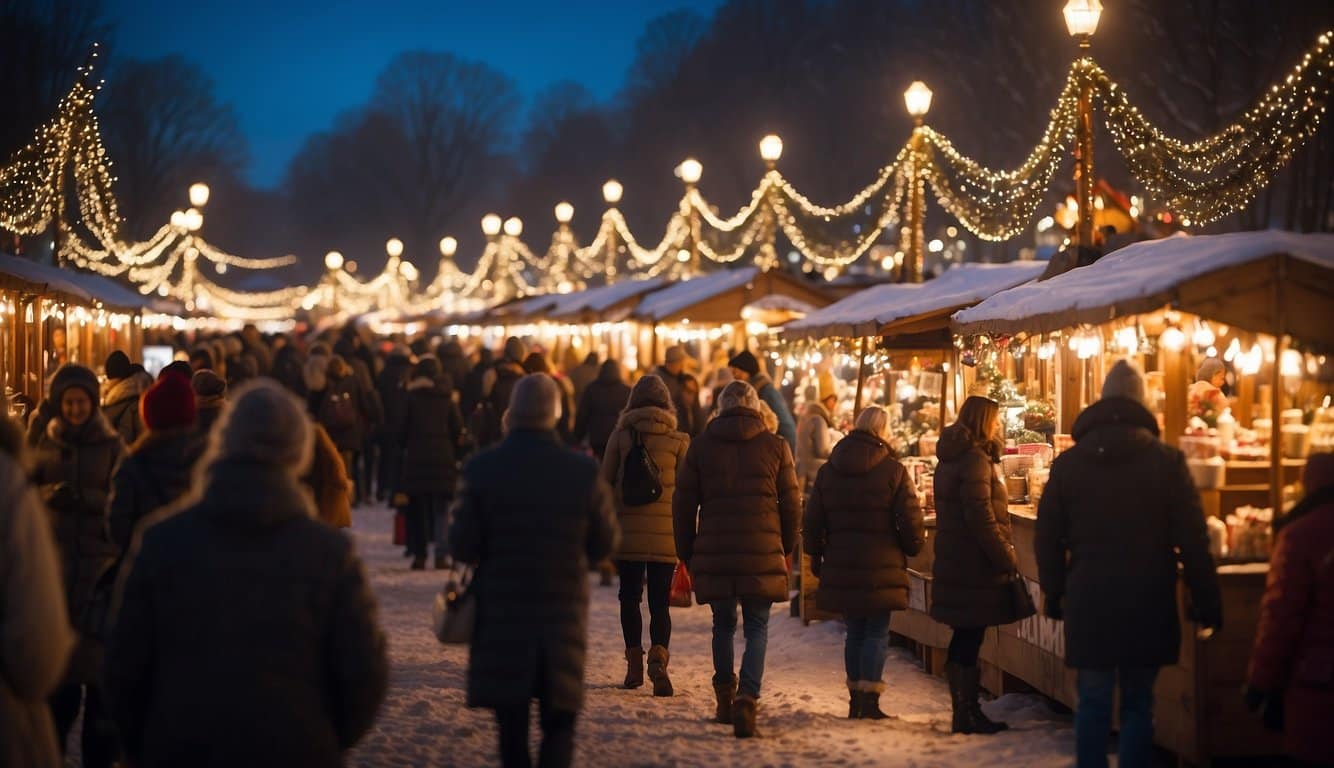 The festive fair bustles with vendors selling handmade crafts and holiday decorations. Twinkling lights adorn the stalls, and the scent of hot cocoa fills the air. Snowflakes gently fall, creating a magical atmosphere