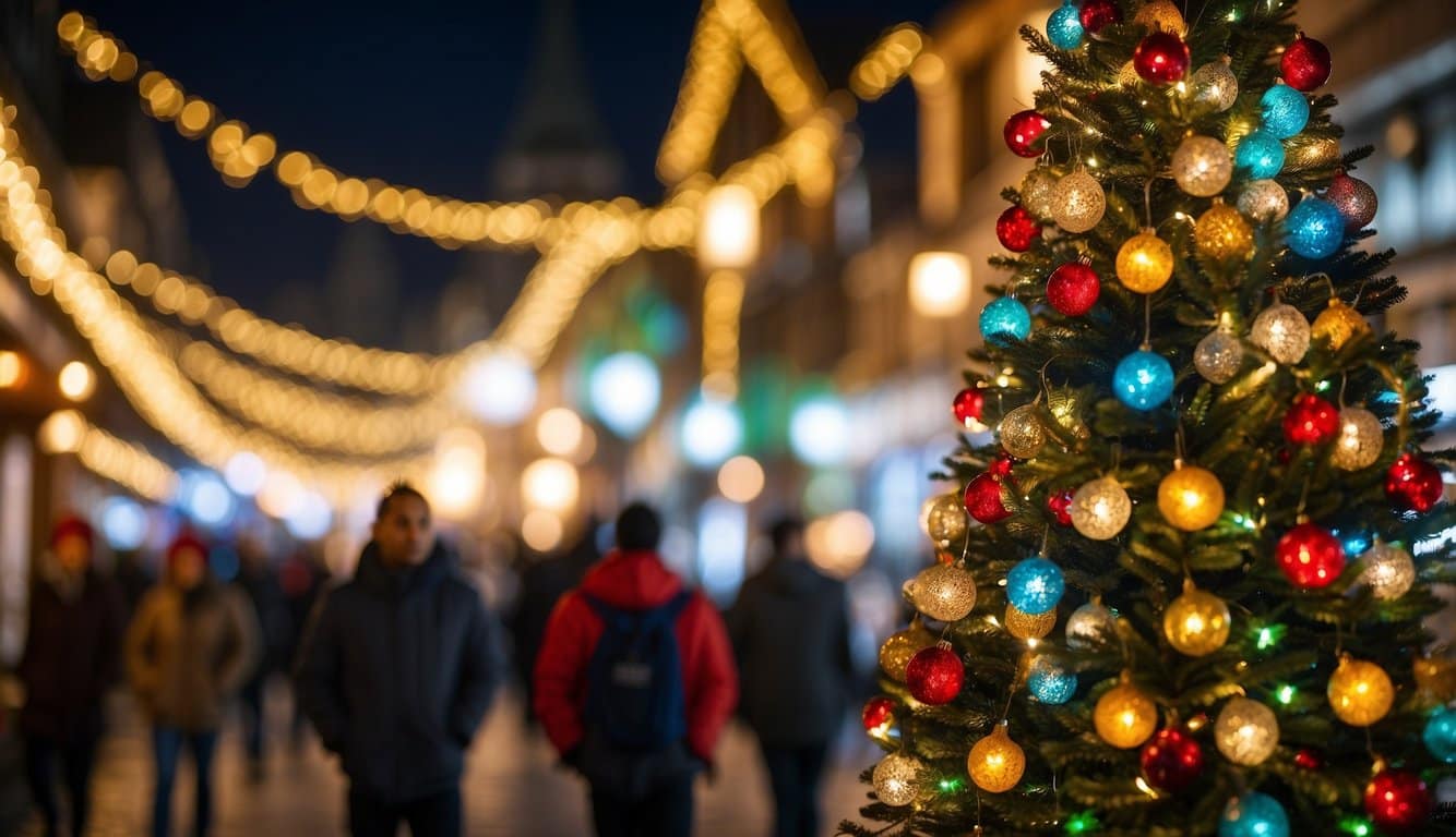 Colorful lights illuminate festive stalls selling crafts and treats. A towering Christmas tree glows in the center of the bustling market