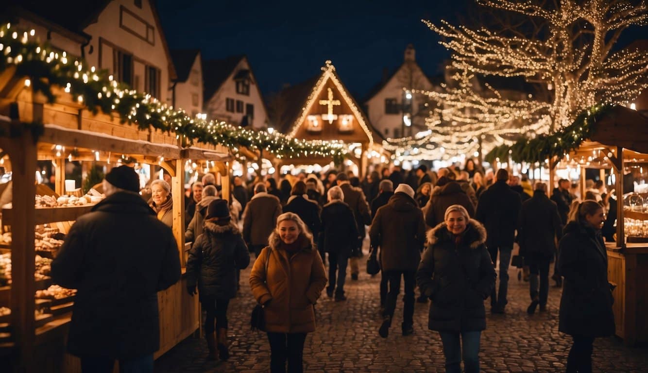 The Christkindlmarkt at Carmel Christmas Markets in Indiana 2024 is bustling with festive activity, with vendors selling handcrafted goods, the scent of mulled wine and roasted nuts filling the air, and twinkling lights illuminating the scene