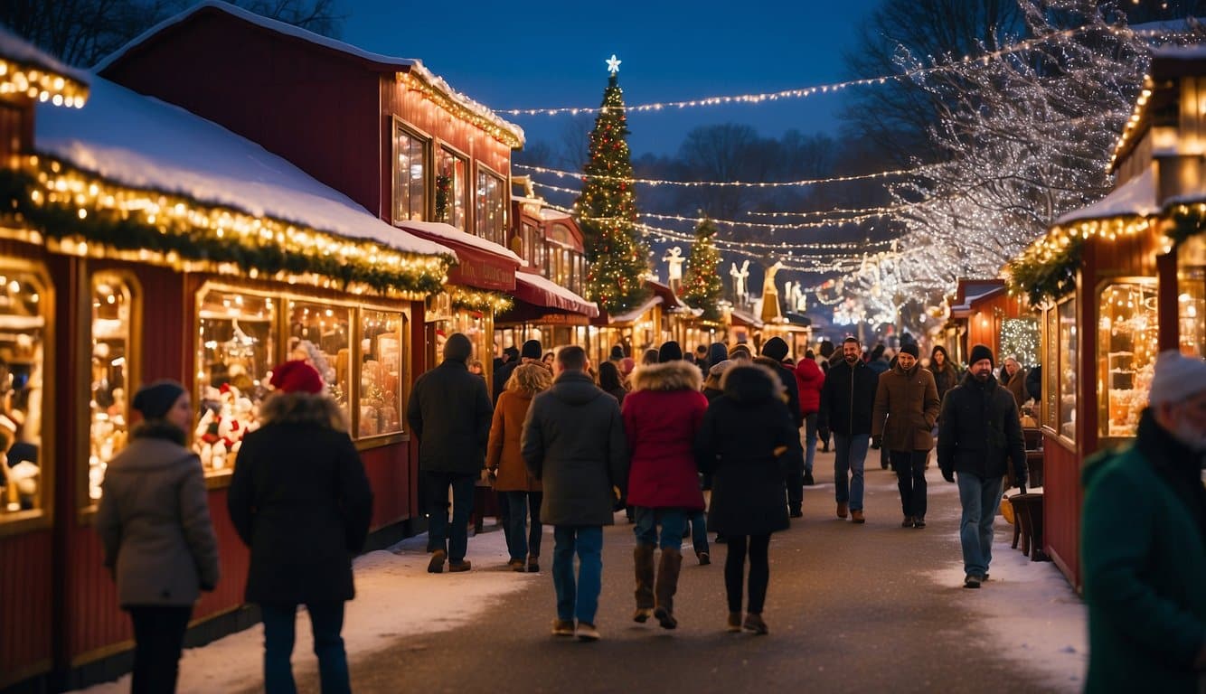 People stroll through a festive outdoor Christmas market with illuminated wooden stalls, a decorated tree, and string lights on a snowy evening.