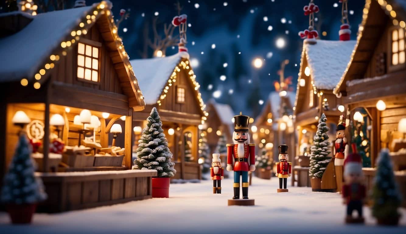 A festive market with wooden stalls, twinkling lights, and snow-covered trees. Nutcracker-themed decorations and holiday crafts fill the air with cheer