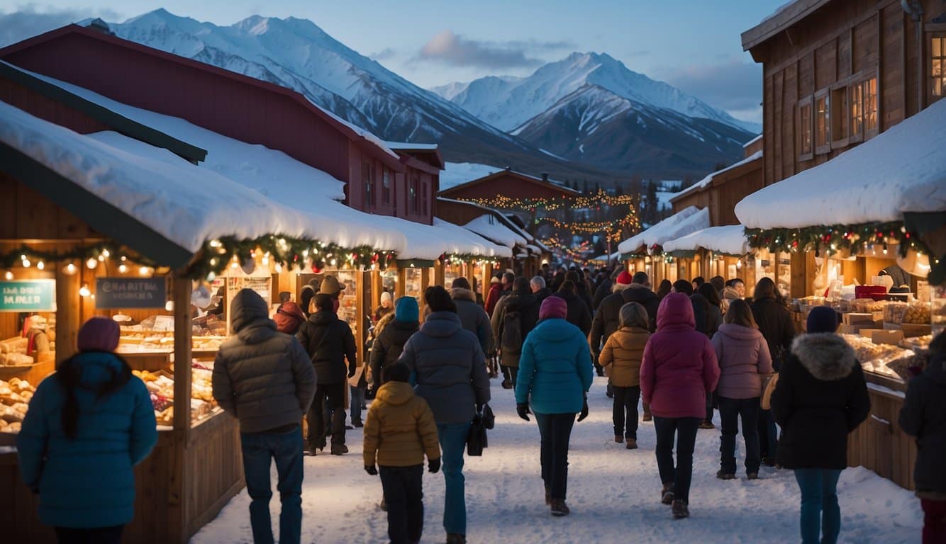 The Denali Visitor Center Bazaar is bustling with Christmas cheer, as colorful market stalls line the snow-covered streets, offering a variety of festive goods and treats