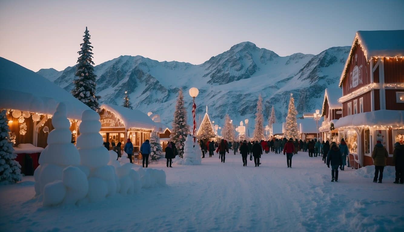 Colorful stalls line snowy streets at the Little Midnight Sun Market, twinkling with festive lights and offering a variety of holiday goods